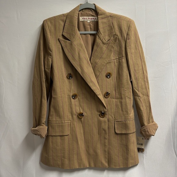 Free People Ashby Oversized Double Breasted Stripe Blazer Tan/Pink Size XS NWT - Picture 4 of 10